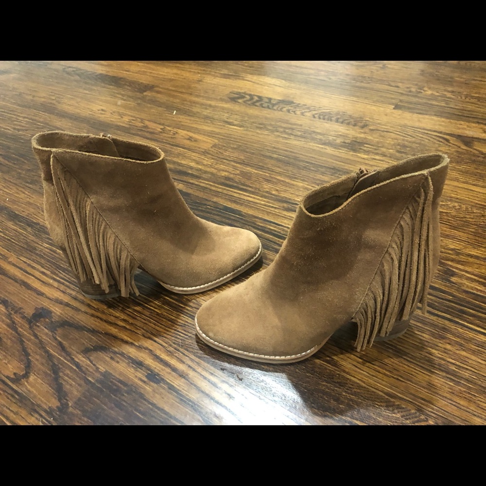 Tan suede fringe bootie